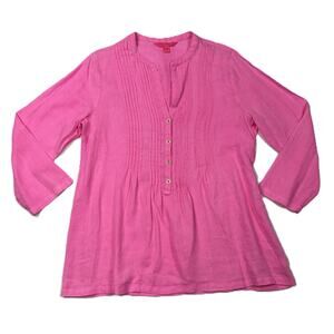 Lilly Pulitzer Sarasota Linen Tunic bright pink V-neck front pleats Sz M Blouse